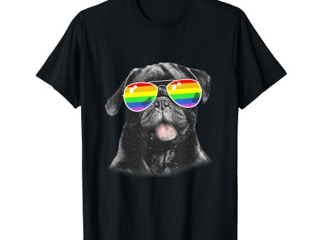 180g cotton round neck single side printed t-shirt, funny cool black pug gay pride flag sunglasses LGBT t-shirt, casual t-shirts for men and women, perfect t-shirt for holiday gift, Christmas gift, 2025 gift, New Year gift Cheap