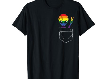 180g cotton round neck single side printed t-shirt, Allien pocket waving LGBTQ rainbow flag gay pride ally t-shirt, casual t-shirt for men and women, perfect t-shirt for holiday gift, Christmas gift, 2025 gift, New Year gift Supply